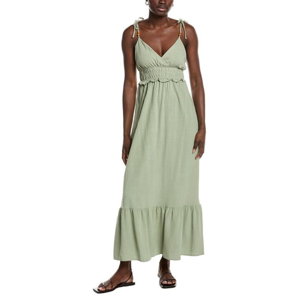 Marion Womens  Beaded Linen-Blend Strap Ruffled Dress, Green
